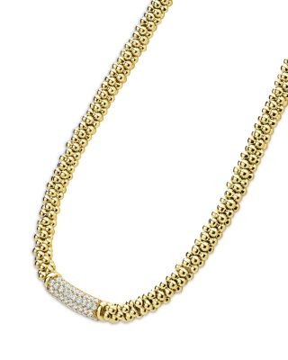 18K Yellow Gold Caviar Gold Diamond Pav&eacute; Station Beaded Collar Necklace, 16"