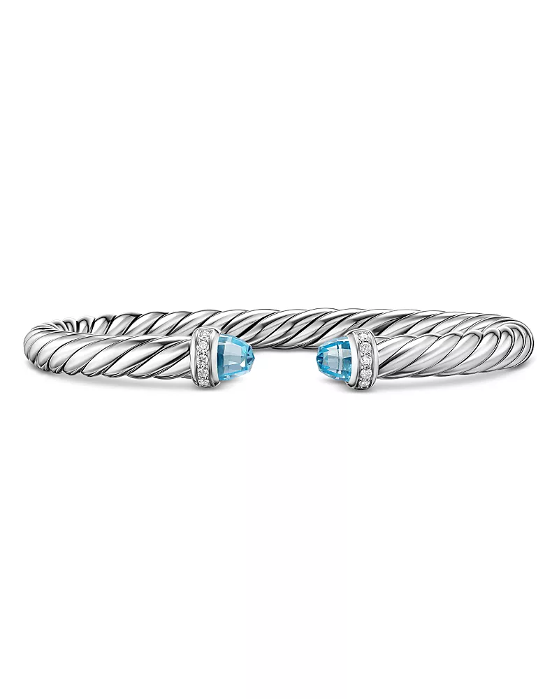David Yurman Cable Flex Bracelet in Sterling Silver with Blue Topaz and Diamonds, 6mm