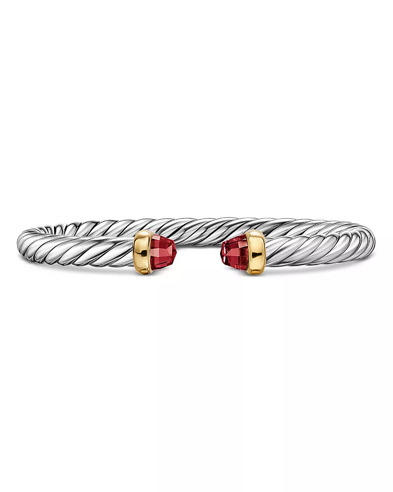 David Yurman Cable Flex Bracelet in Sterling Silver with 14K Yellow Gold and Rhodolite Garnet, 6mm