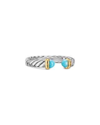 Petite Cable Open Ring in Sterling Silver with 14K Yellow Gold and Turquoise, 3.4mm