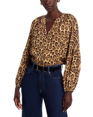 Split V Neck Leopard Print Button Down Blouse