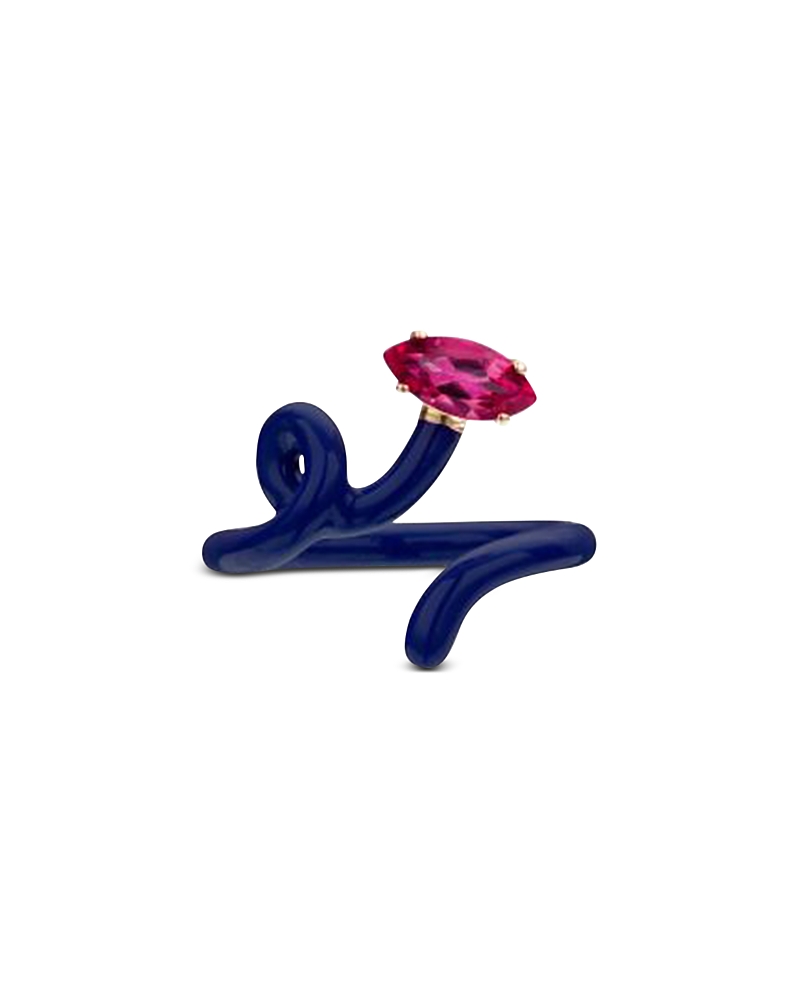 Bea Bongiasca 9k Yellow Gold & Sterling Silver Baby Vine Corundum And Navy Blue Enamel Tendril Ring In Blue