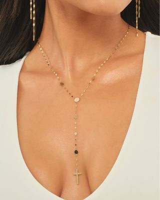 Disc & Cross Lariat Necklace in 14K Yellow Gold