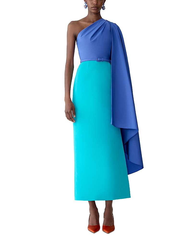 Carolina Herrera Colorblock Belted Silk Faille Gown With Detachable Cape Sleeve In Blue