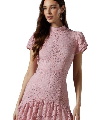 Lace Frill Sleeve High Neck Midi Dress