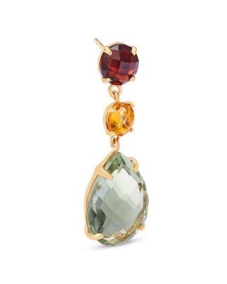 Prasiolite, Citrine & Garnet Drop Earrings in 14K Yellow Gold