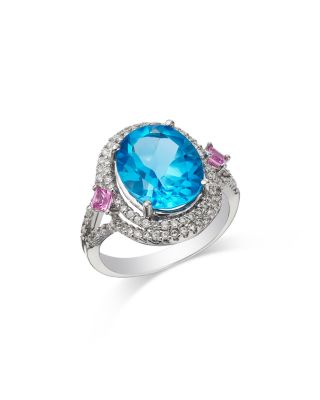 Blue Topaz, Pink Sapphire & Diamond Halo Ring in 14K White Gold
