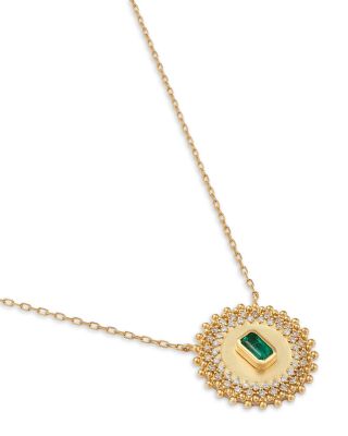Emerald & Diamond Circle Pendant Necklace in 14K Yellow Gold, 16-17"