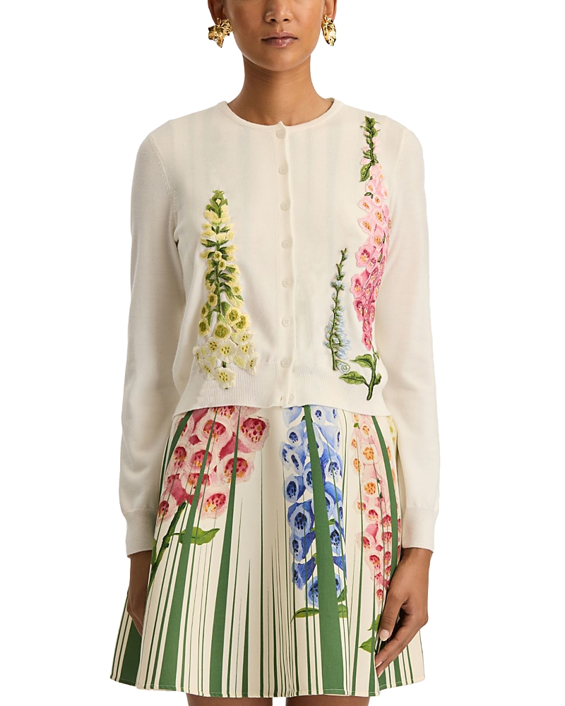 Oscar De La Renta Foxglove Embroidered Virgin Wool Cardigan In Neutral