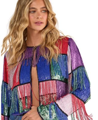 Colour Block Check Tassel Sequin Jacket