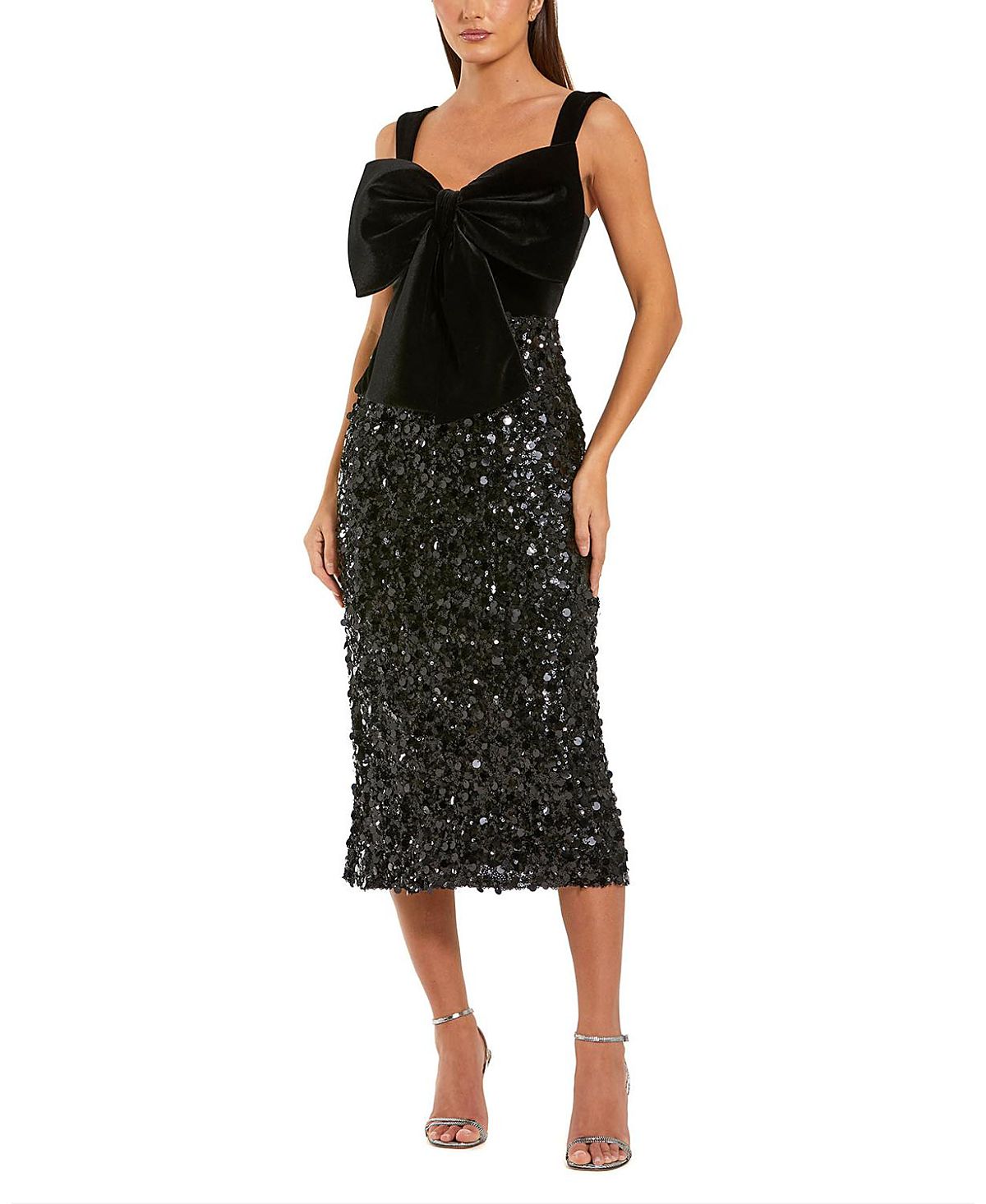 Mac Duggal Sleeveless Sequin Midi Dress with Velvet Bow