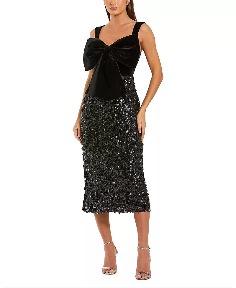 Mac Duggal Sleeveless Sequin Midi Dress with Velvet Bow
