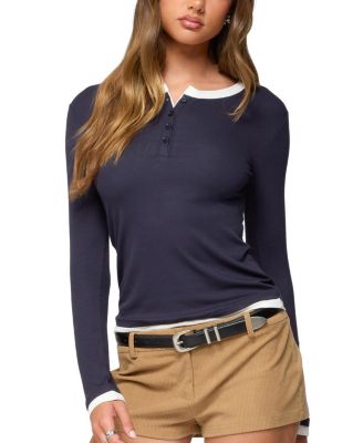  Contrast Layered Look Henley Top