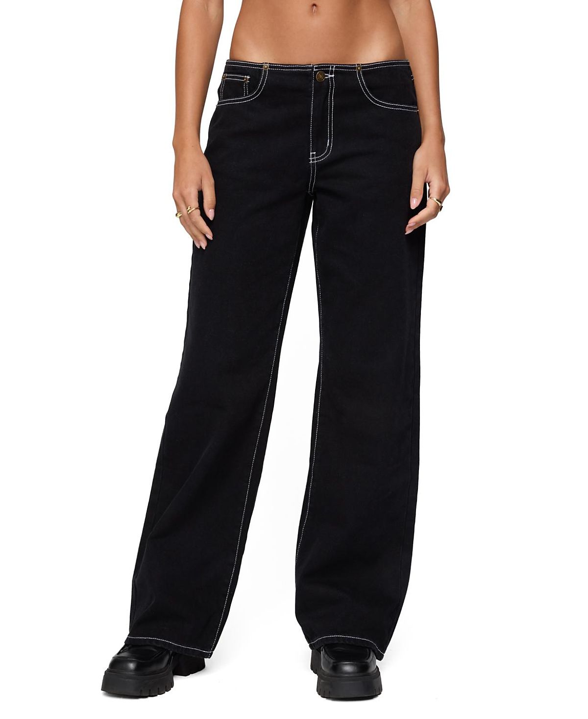 Edikted Contrast Stitch Low Rise Black Wash Jeans