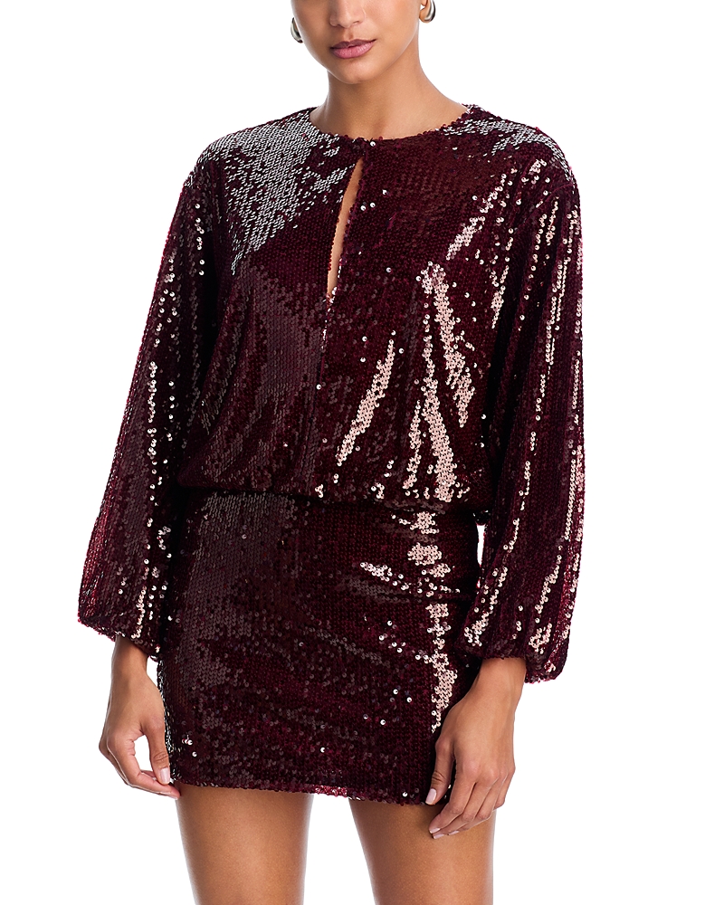 Sequin Long Sleeve Mini Dress - Exclusive In Burgundy Sequin Long Sleeve Mini Dress - Exclusive In Burgundy