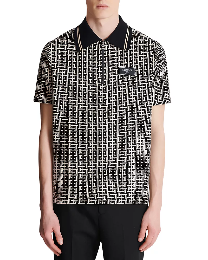 Balmain Monogram Print Zip Polo
