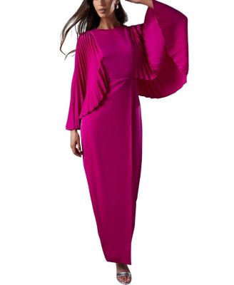 Short Sleeve Pleated Cape Maxi Dress