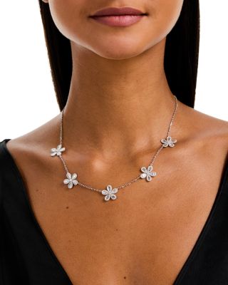 Diamond Round & Baguette Daisy Station Collar Necklace in 14K White Gold, 3.1 tcw