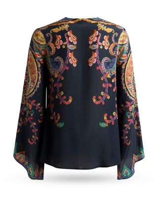 Silk Flared Sleeve Keyhole Blouse