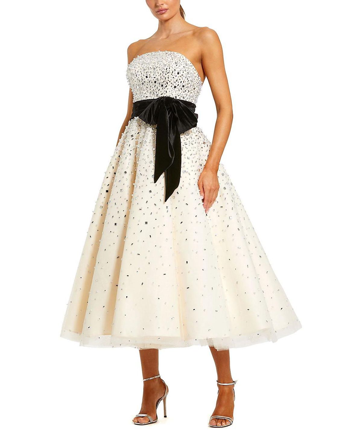 Mac Duggal Strapless Embellished Tulle A-Line Midi Dress with Bow
