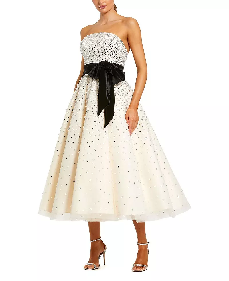 Mac Duggal Strapless Embellished Tulle A-Line Midi Dress with Bow