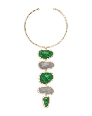  Stone Charm Jewelry Green & Gray Stone Linear Statement Necklace, 15.7"