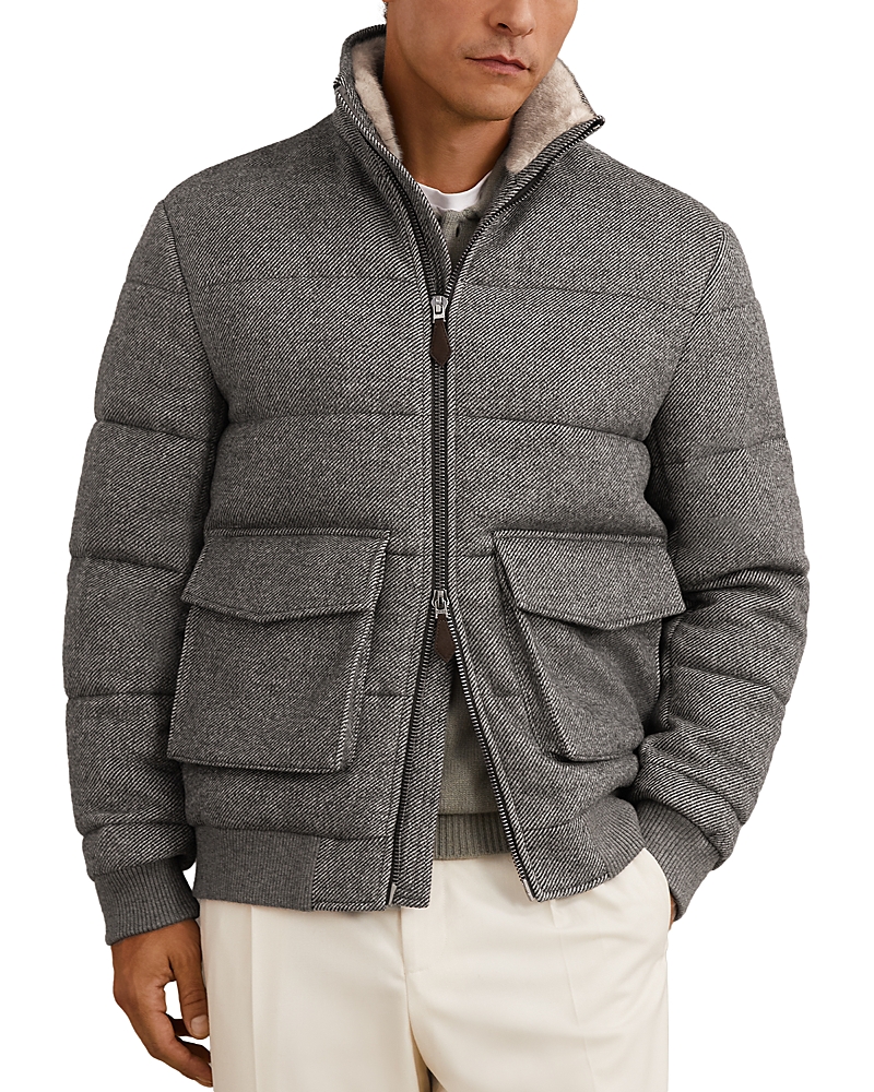 Reiss Grey Faux-fur Collar Quilted Puffer Jacket In Gray