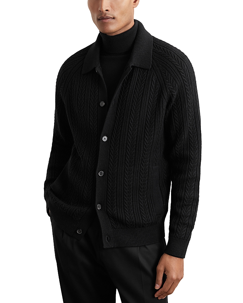Reiss Martley Cable Knit Cardigan Sweater In Black