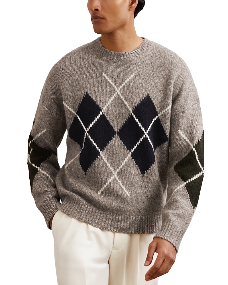 Reiss Cooke Relaxed Fit Crewneck Argyle Sweater In Gray