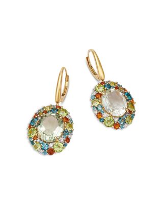 Prasiolite, Multi Gemstone & Diamond Hoop Drop Earrings in 14K Yellow Gold