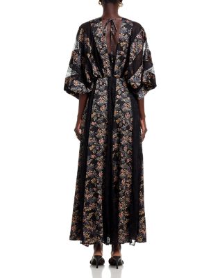 Printed Kimono Sleeve Lace Detail Maxi Dress