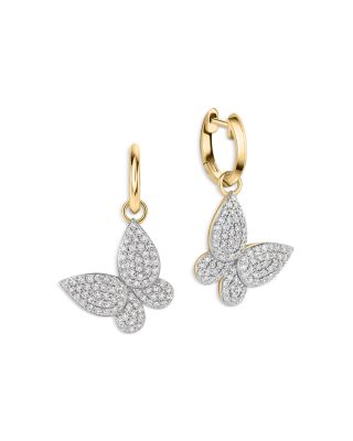 14K Yellow Gold Diamond Medium Butterfly Huggie Hoop Earrings, 0.92 tcw