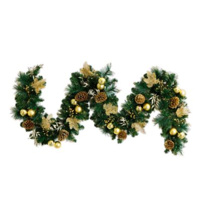 Pre-Lit Artificial Golden Frosted 9' Christmas Garland with Warm White LED Lights Pinecones, Berries and Ornaments