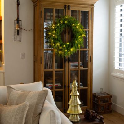Pre-Lit Artificial Real Touch Norfolk Island Pine Wreath with Warm White LED Lights and Natural Look