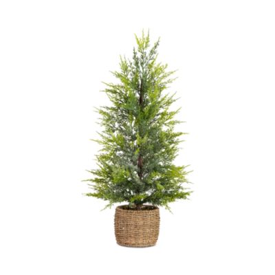 Pre-Lit Artificial Lightly Snowed Cypress 32" Christmas Tree with Warm White LED Lights in Decorative Basket