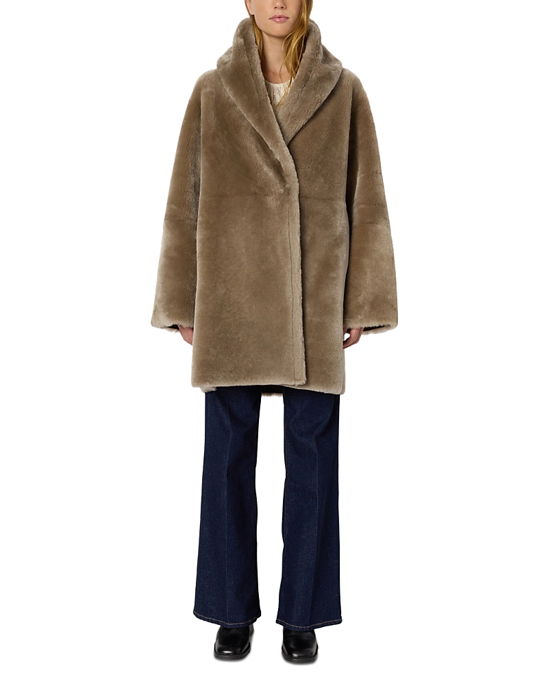 Gerard Darel Malia Shearling Shawl Collar Coat In Brown