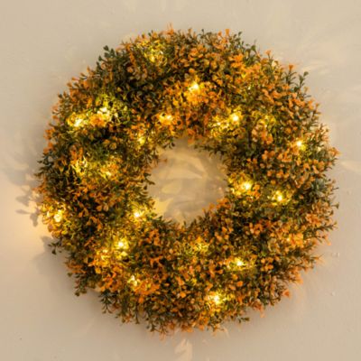 Pre-Lit Autumn Boxwood Artificial Fall 18&#39; Wreath with Warm White LED Lights