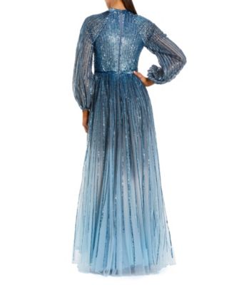 Sequined Ombre Bishop Sleeve A-Line Gown
