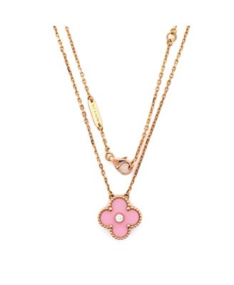  Vintage Alhambra Pendant Necklace 18K Rose Gold and Pink Sevres Porcelain with Diamond, 14.5 - 16.25"