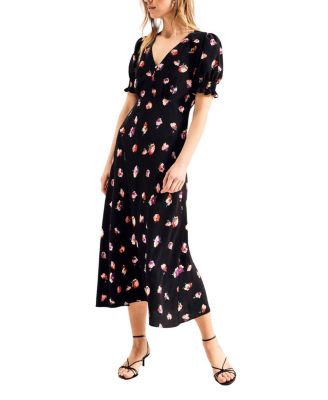  Pansy Print Shirred Cuff Midi Dress