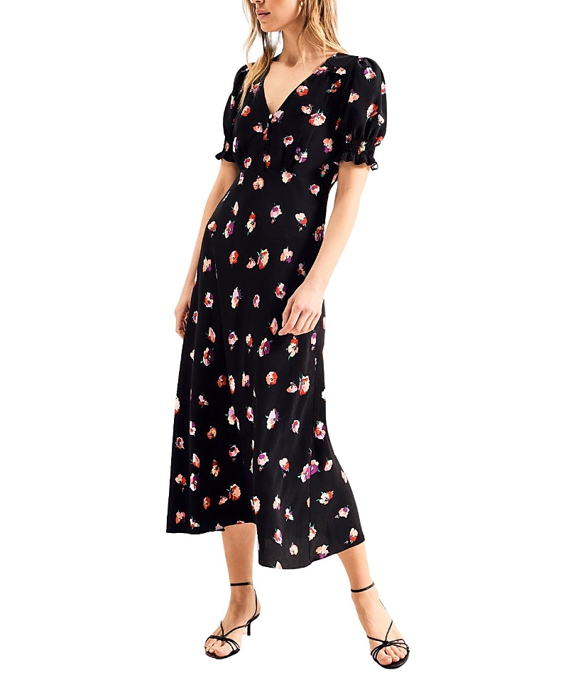 Ro&zo Multi Pansy Print Shirred Cuff Midi Dress In Black