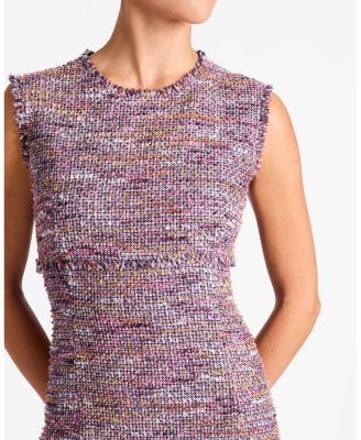 Andi Sleeveless Tweed Midi Sheath Dress with Flared Skirt Panel