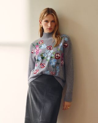 100% Cashmere Garden Floral Mock Neck Sweater - Exclusive