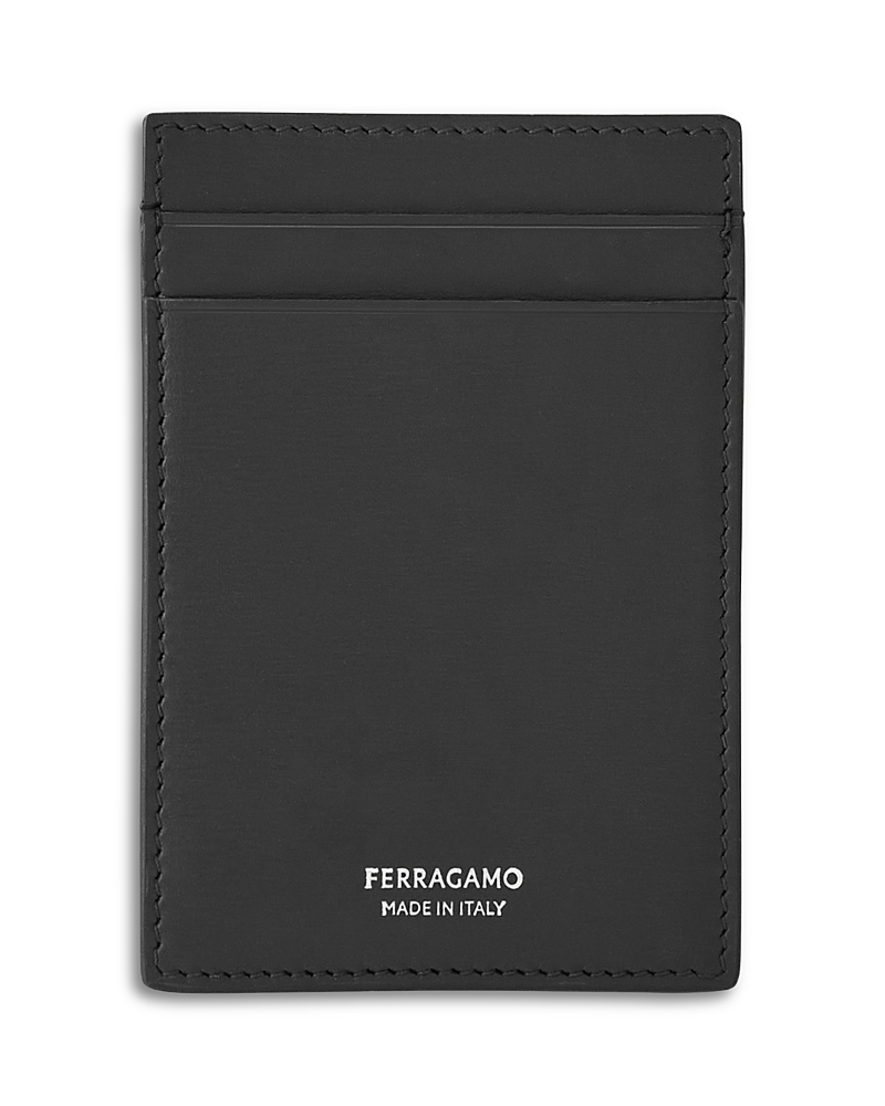 Ferragamo Calfskin Leather Money Clip Card Holder In Black
