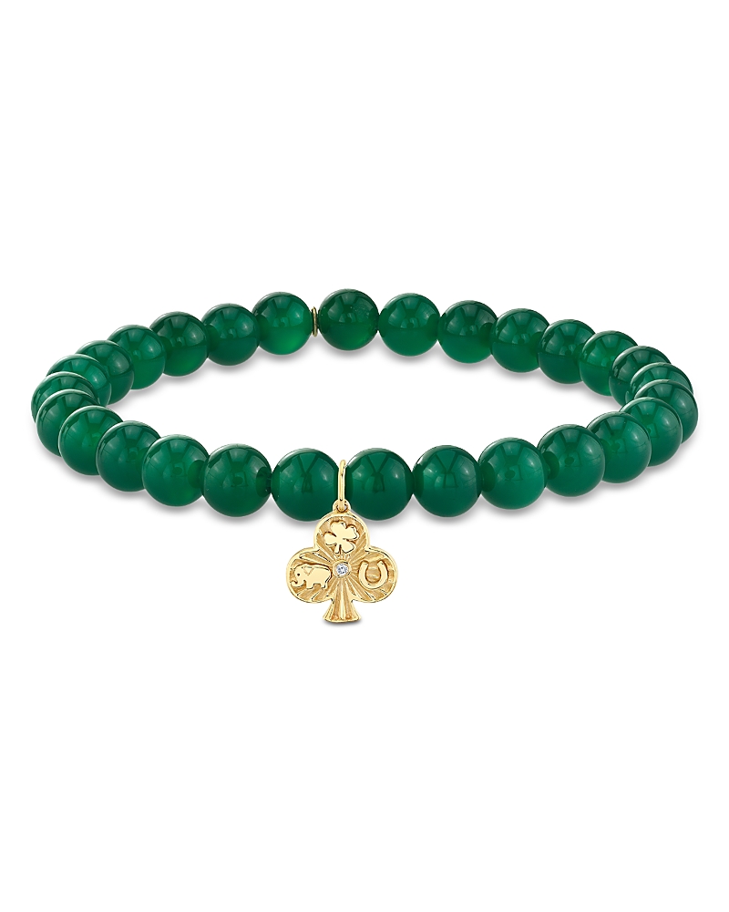 Sydney Evan 14k Yellow Gold Diamond & Green Onyx Ace Of Clubs Charm Beaded Bracelet In Green