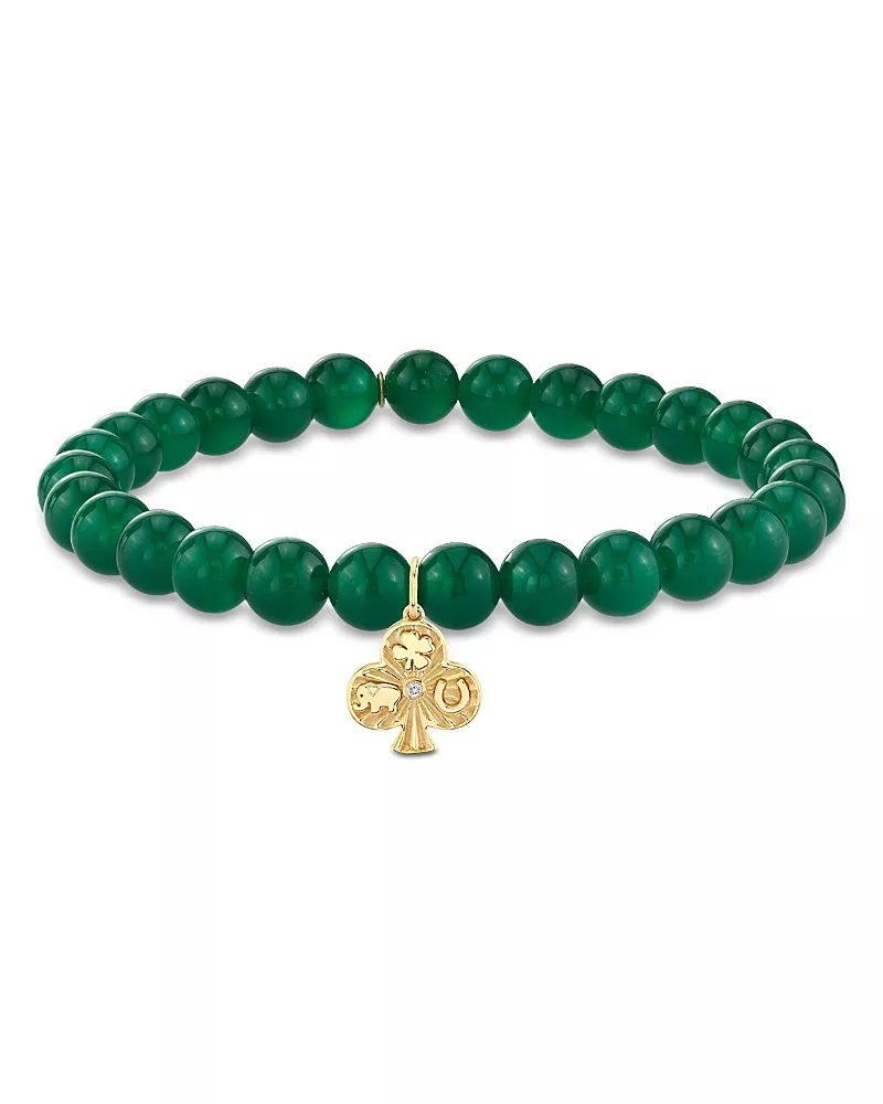 Sydney Evan 14K Yellow Gold Diamond & Green Onyx Ace of Clubs Charm Beaded Bracelet