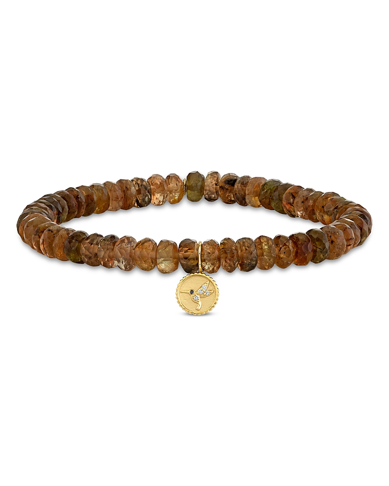 Sydney Evan 14k Yellow Gold Diamond & Andalusite Hummingbird Charm Beaded Bracelet In Brown