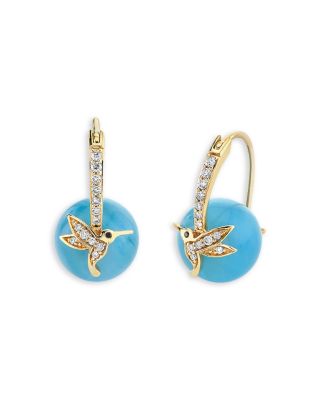 14K Yellow Gold Diamond & Aquamarine Hummingbird Beaded Earrings