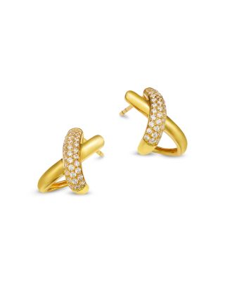 Diamond Pav&eacute; Crossover Huggie Hoop Earrings in 14K Yellow Gold, 0.50 tcw