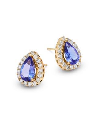Tanzanite & Diamond Halo Pear Stud Earrings in 14K Yellow Gold